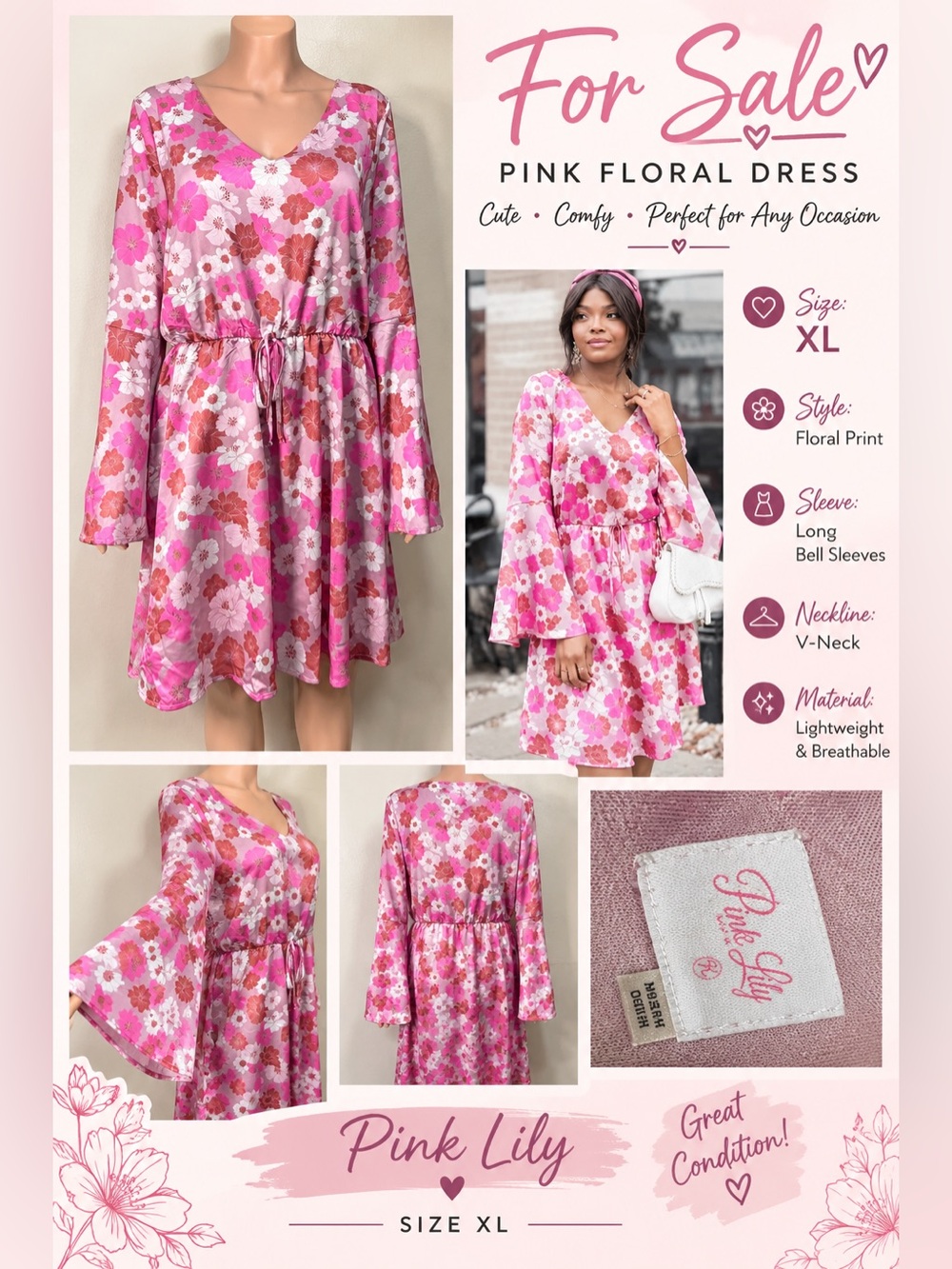 Pink Lily Pink Floral V-Neck Bell Sleeve Dress 🌸